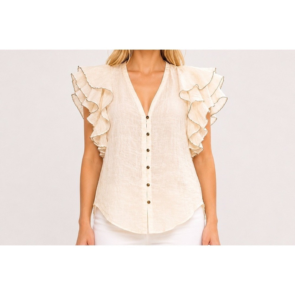 Sass & Bide Silk Linen Ruffle Blouse Ivory Sheer Romantic Boho Luxury Top SZ 2